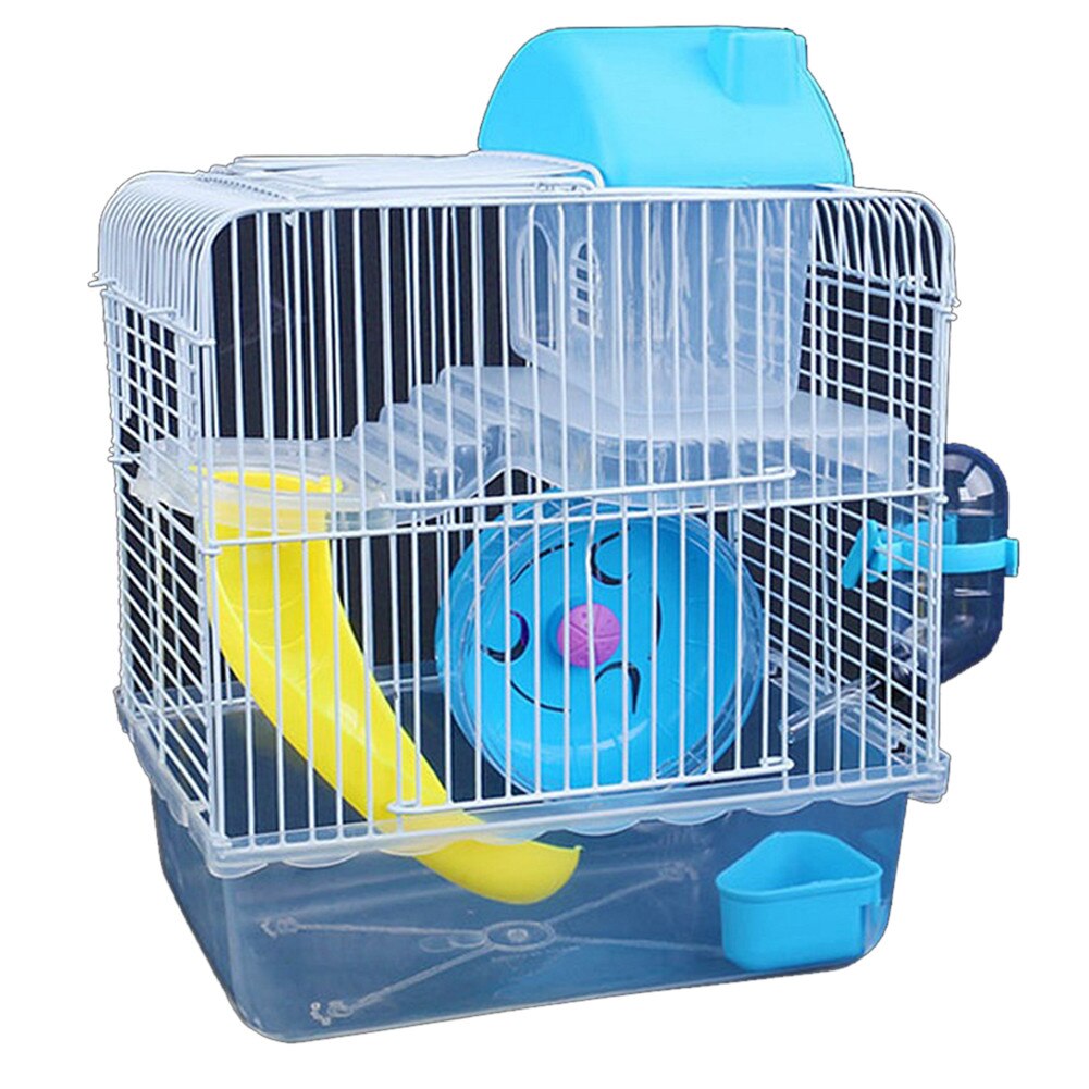 Double Layer Villa Shape Iron Wire Cage with Feeding Bowl Running Wheel Slide Toy for Pet Hamster 23 * 17 * 28 Cm