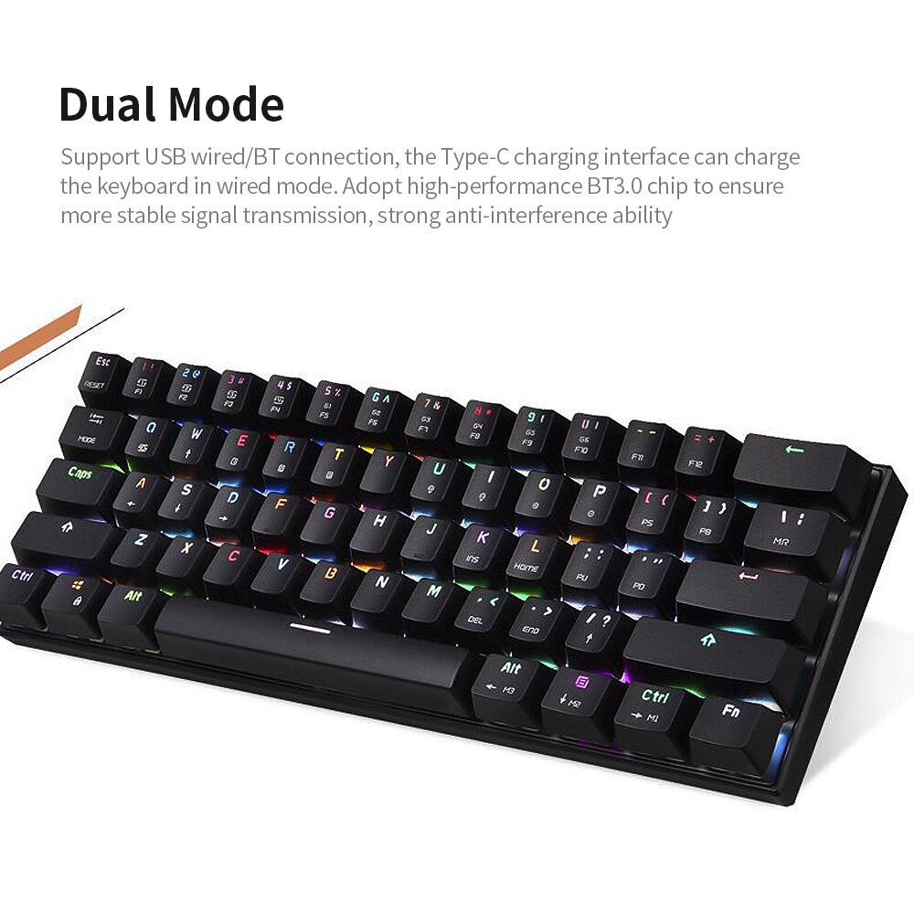 Motospeed – clavier mécanique de jeu CK62 61 touches, USB BT 3.0, double , avec interrupteur OUTEMU bleu/rouge, longue durée de vie