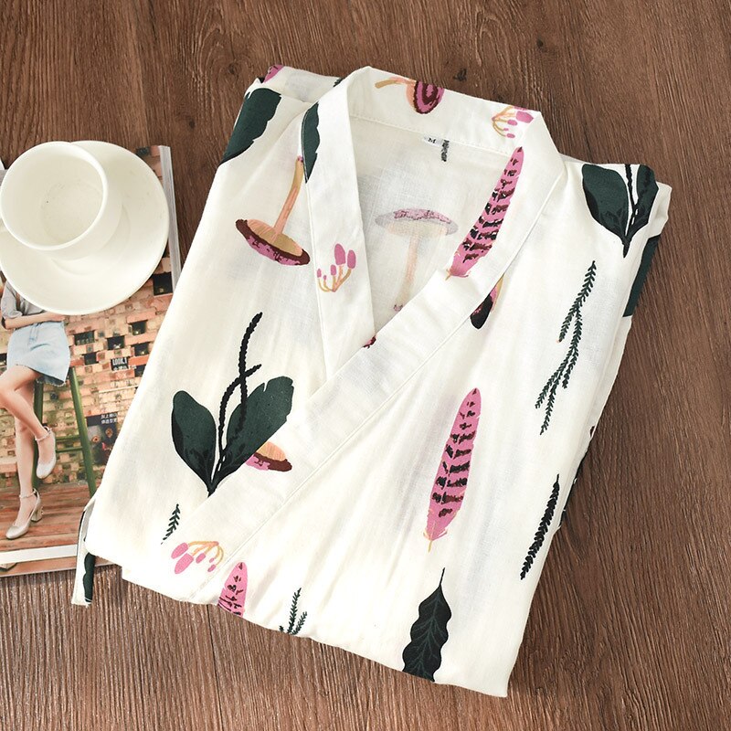 Camisola feminina japonesa de algodão puro, conjunto de pijama feminino kimono de manga médio, tradicional, para usar em casa, estampada, casual