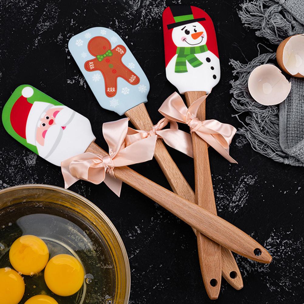 Kerstman Snowman Gingerbread Man Print Siliconen Boter Spatel Beuken Houten Handvat Keuken Bakken Tool Christmas