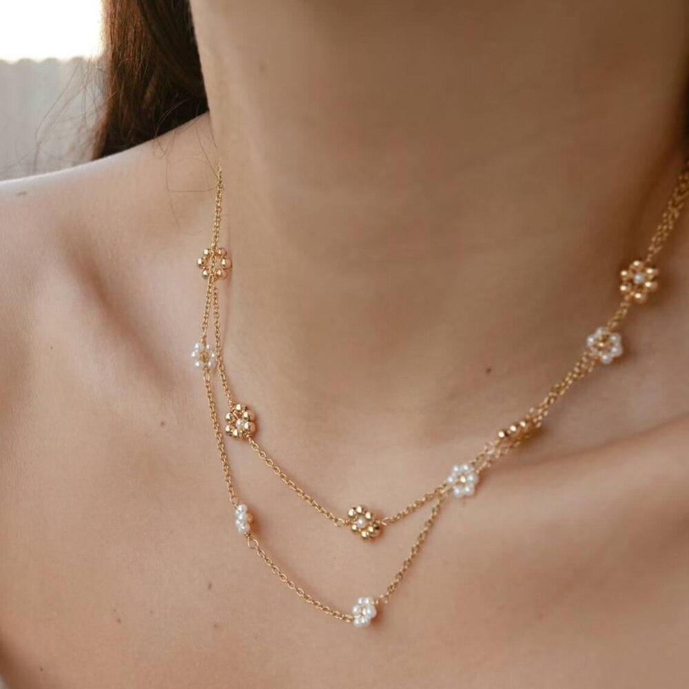 Handmade pearl daisy necklace for women, simulated pearl choker pendant necklaces, collar chain, vintage jewelry, bijoux