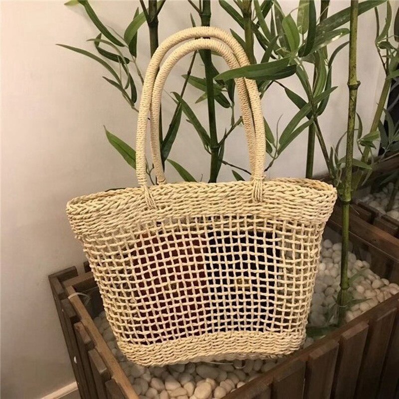 Rotan Stro Geweven Zak Vrouwen Rieten Mand Tote Mode Zomer Strand Grote Portemonnee: Beige