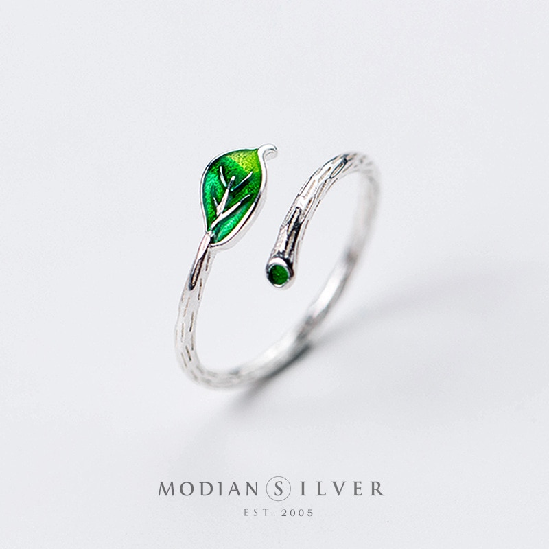 Modian Groen Emaille Bladeren Tak Ring Voor Vrouwen Echt 925 Sterling Zilveren Plant Gratis Grootte Ring Fijne Sieraden