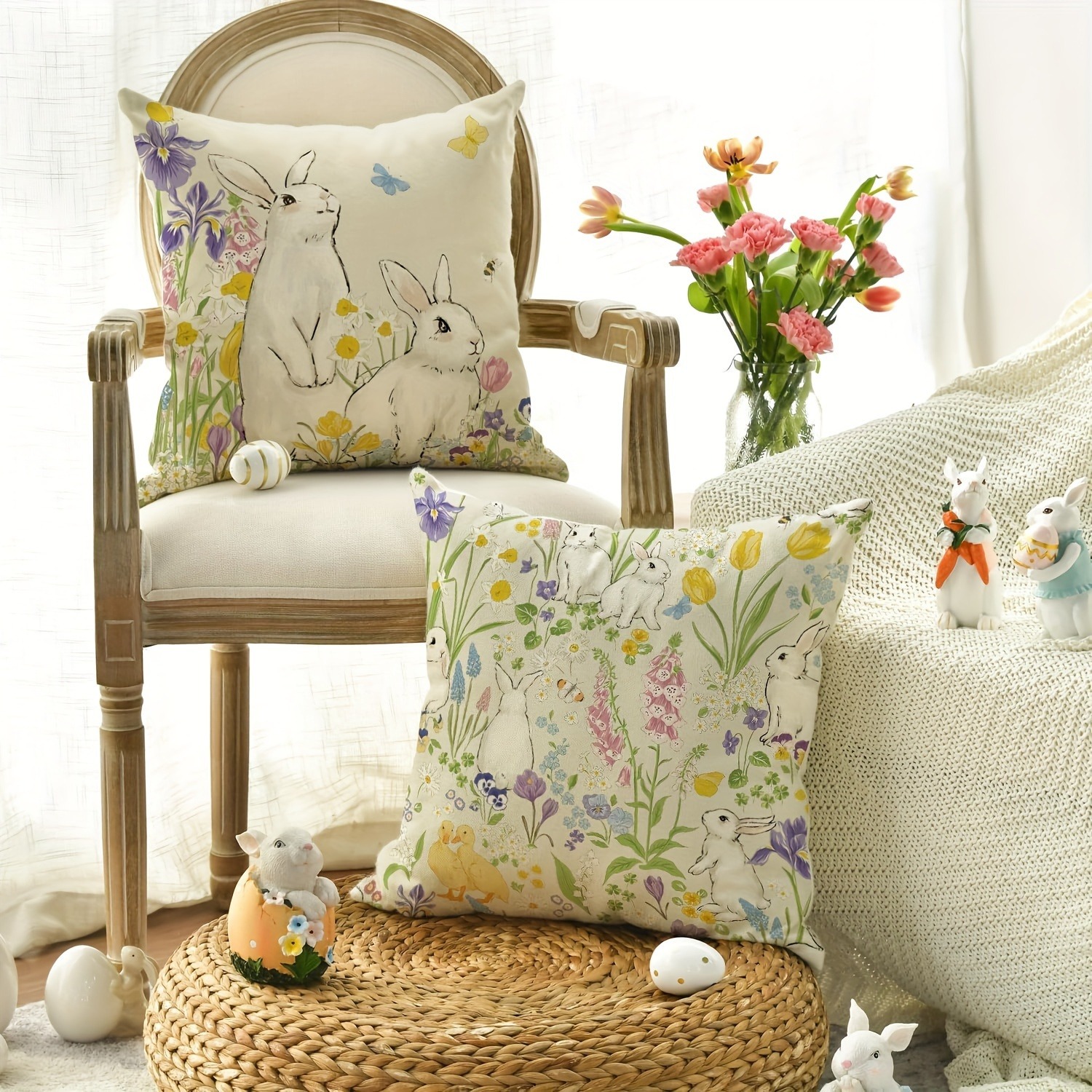 Funda de almohada decorativa de Pascua feliz, funda de cojín para sofá con de flores y entramado de conejo de primavera, decoración para la habitación del hogar