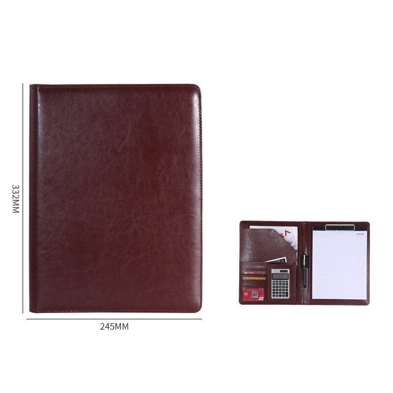 Multifunctionele Padfolio A4 Pu Leather Portfolio Bindmiddel Visitekaartje Document Organisator Conferentie Notepad Map Caculator: brown