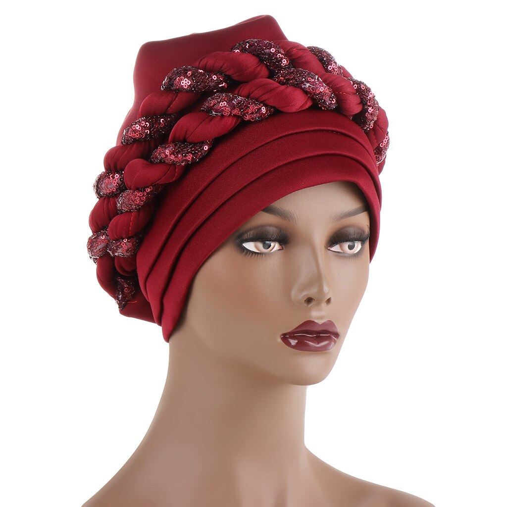 Couvre-chef africain en paillettes pour femmes, Turban, Bonnet musulman, prêt à porter, Hijab, chapeau de mariage: wine red