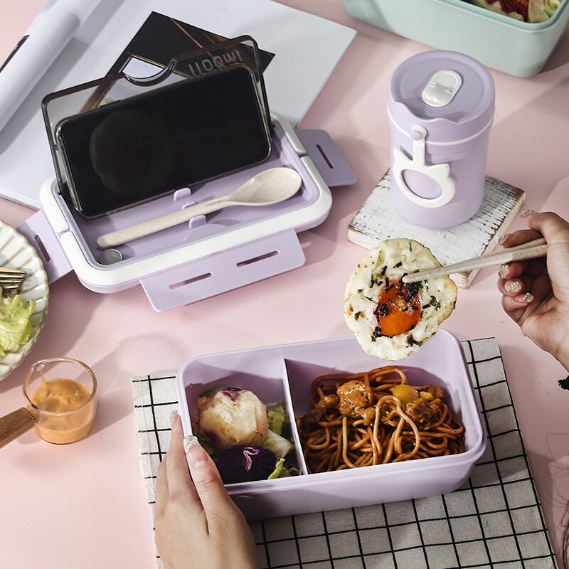 Microwave Oven Plastic Split Lunch Box Lunch Box Sealed Anti Overflow With Lunch Box Soup Can Breakfast Cup Set