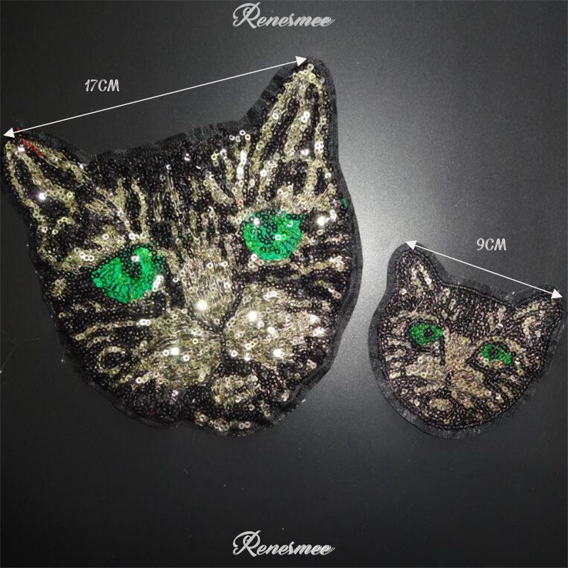 Grote Kleine Kat Pailletten Applique Kleding Borduren Patch Stof Sticker Iron Op Patch Craft Naaien Reparatie Groene Kleur