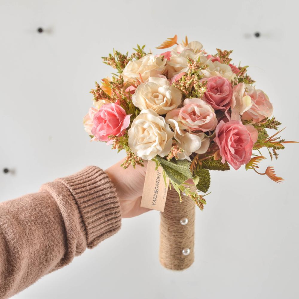 Koreansk brud holder blomster brudepige bryllup søstre gruppe rose pæon brudebuket silke simulation blomsterkunst: Beige