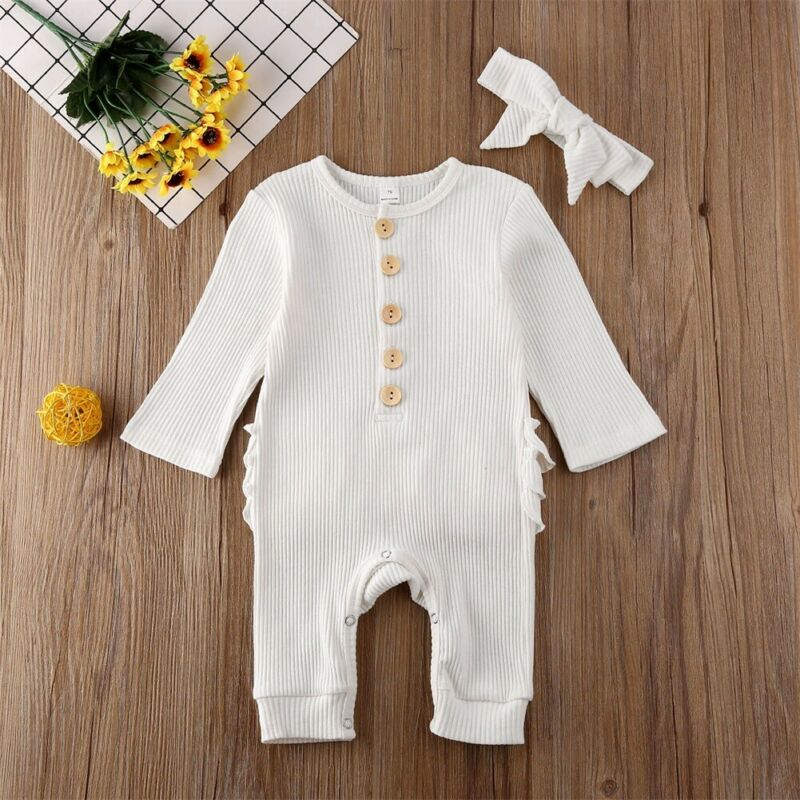 Newborn Baby Boy Girl Rompers Headband 2pcs Outfit Knitted Solid Kong Sleeve Ruffle Romper Jumpsuit Clothes