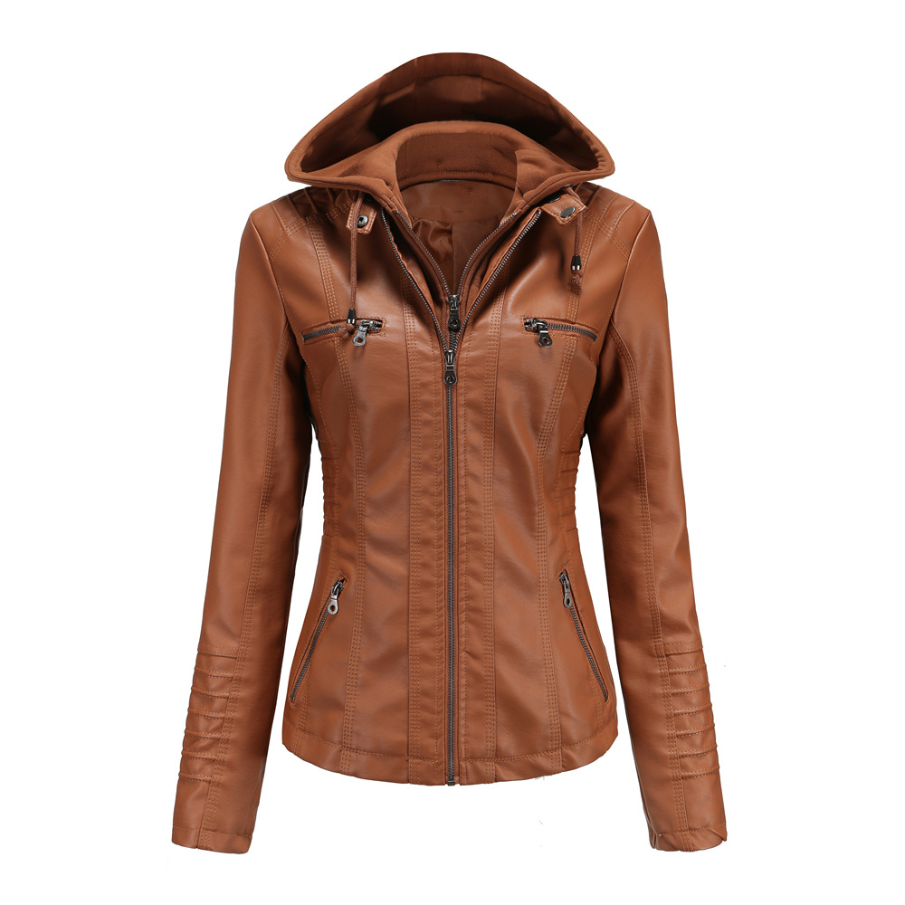 YJKDYK 2025 Lente Herfst vrouwen Lederen Jassen Capuchon Afneembare Rits Jas Vrouwelijke Zak Pure Kleur Motorjas: M / YELLOW