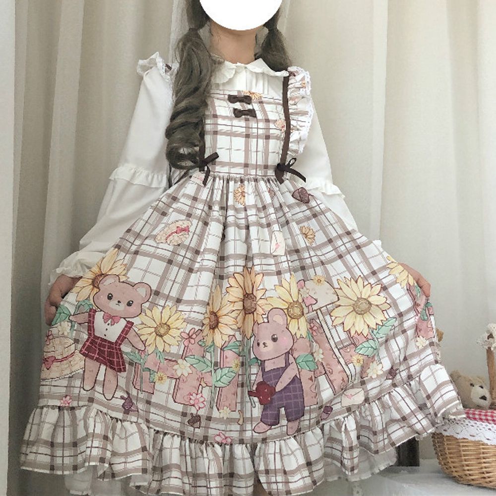Sommer vår jsk søt lolita kjole volanger lolita sløyfe stroppe sele kjole tegneserie rutete kjole+bluse skjorte sett afc 485