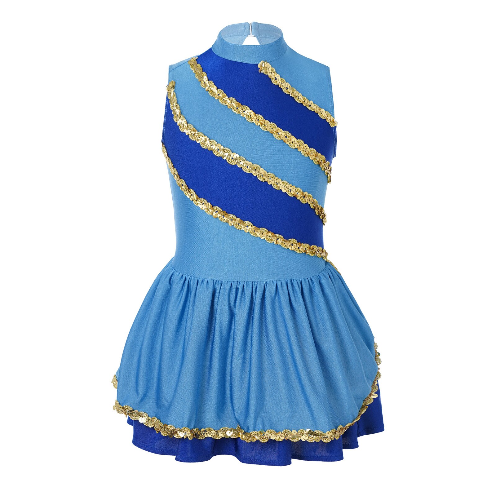 Vestido de baile de animadora decorado con lentejuelas para niñas, traje de baile sin mangas con escote redondo y espalda hueca, uniforme de animadora: Royal Blue / 14