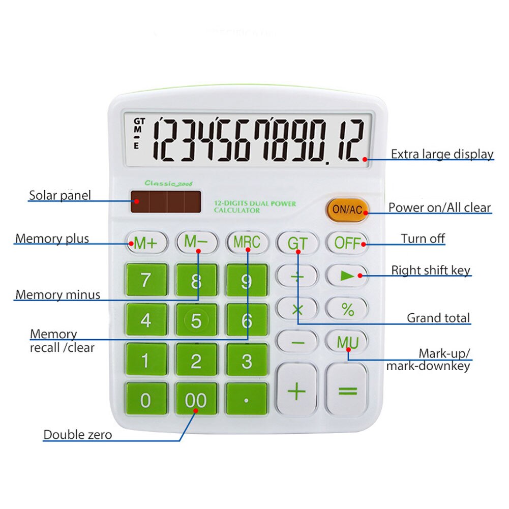 Convenient 12 Digit Calculator Large Display Solar Power Battery Home Office School Tool Accounting Financial Supplies