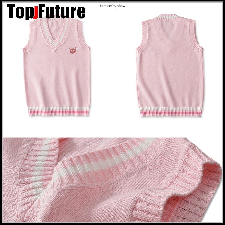PINK Japanese girl's Knitted Vest cute versatile sweater school Uniform Cardigans PINK BIG NOSE embroidery sweater
