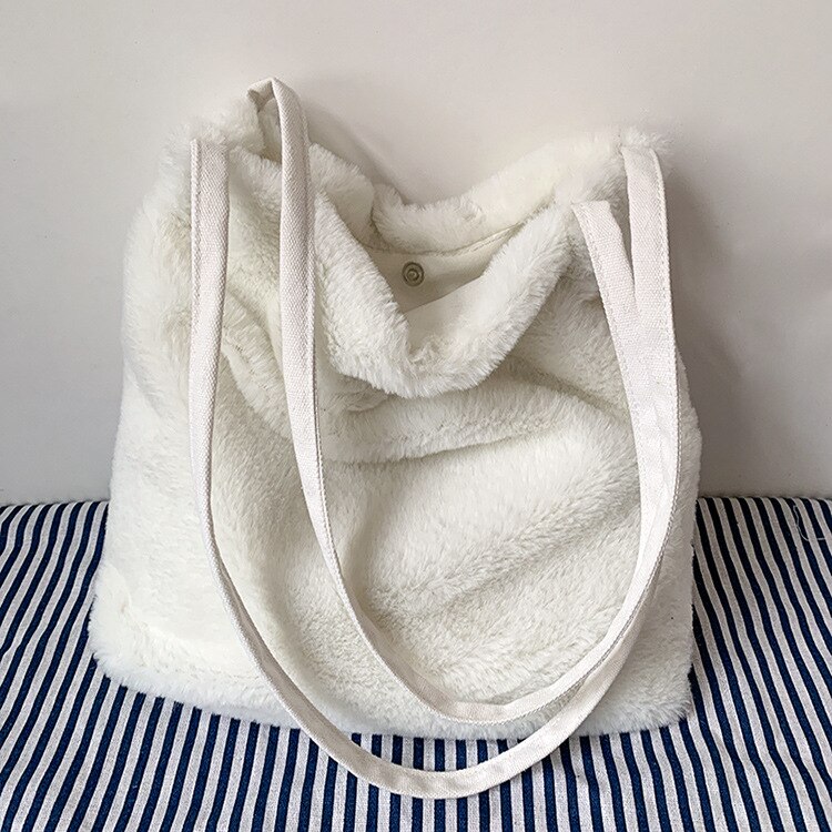 Macio de pelúcia feminina bolsa bolsas inverno moda meninas estudante bonito bolsa de ombro cor sólida senhoras peludo sacola de compras ocasional