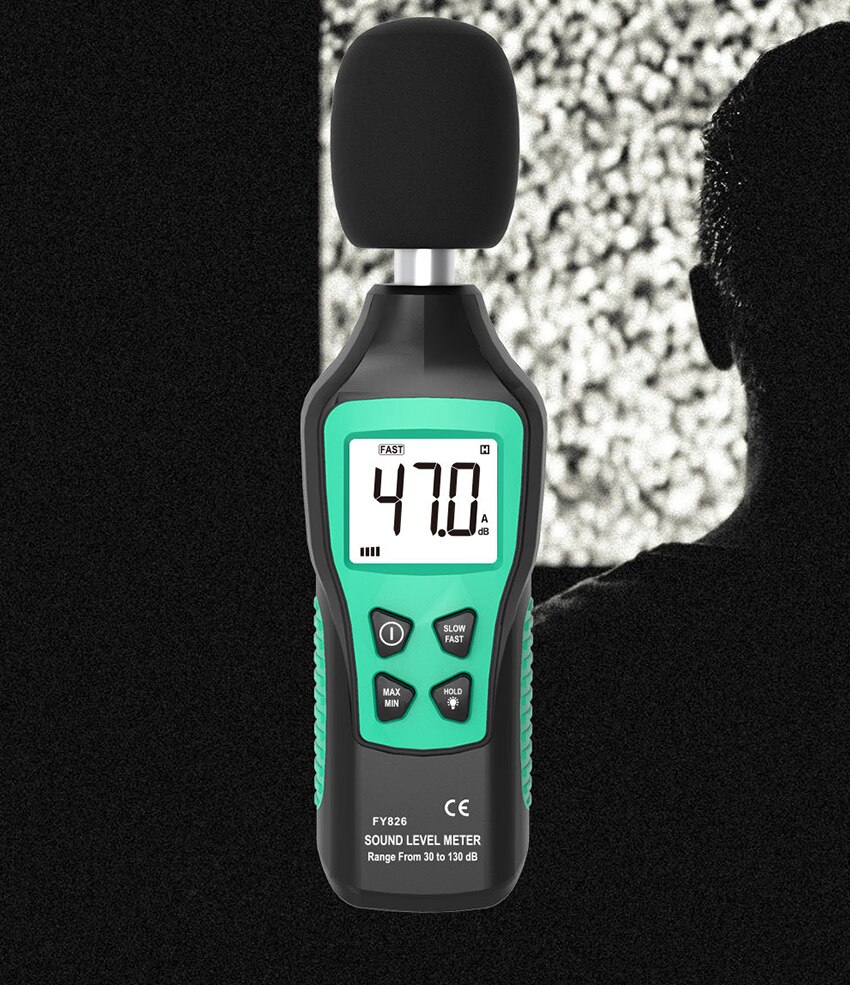 Støjmåler digital lydniveaumåler 30-130 dba lydsensor med høj præcision, max / min / datahold, hurtig / langsom, baggrundsbelyst lommelygte