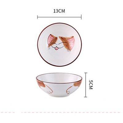 Cute Cat Ceramic Dinner Plate Dish Bowl Spoon Set Cartoon Porcelain Food Container Kids breakfast Dinnerware Set: Brown Small bowl