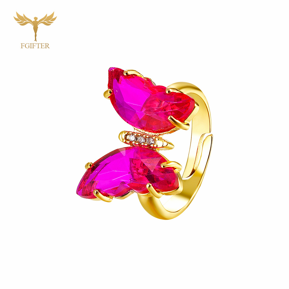Anillos de mariposa de circón en 18 colores para mujeres y niñas, accesorios de joyería para dedo de mano de cobre de Color dorado de lujo, de tamaño ajustable: Zafiro