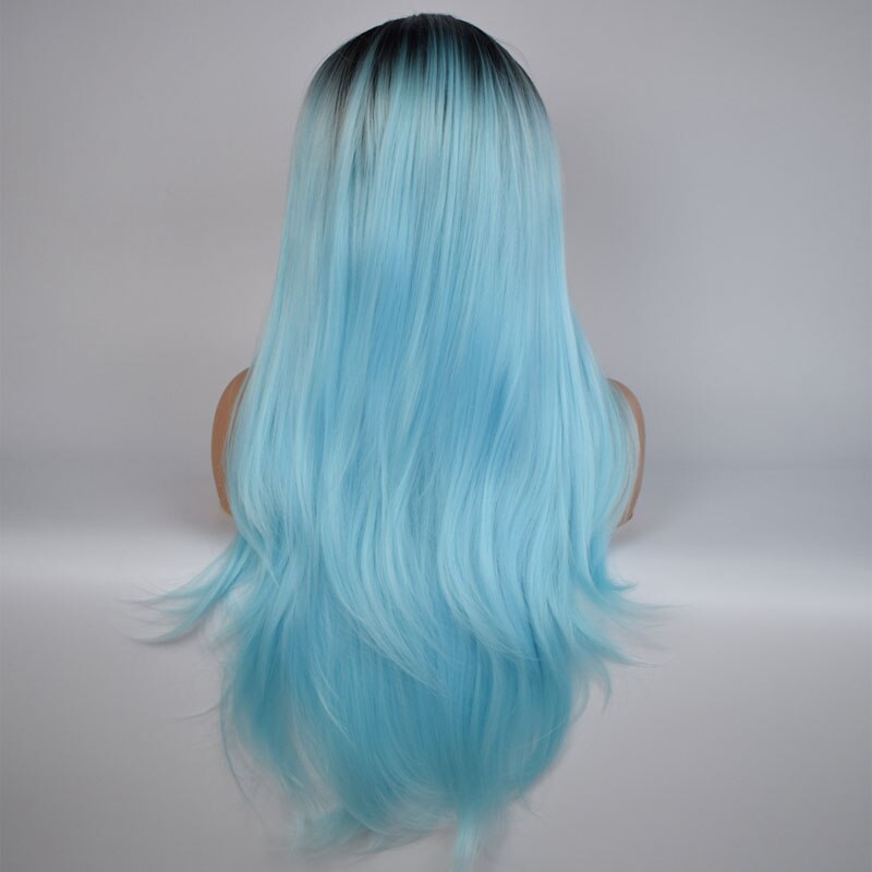 bomba czarny Ombre niebieskie włosy syntetyczne koronkowa peruka na przód jedwabiste proste włókno termoodporne włosy środkowe rozstanie dla kobiet peruki