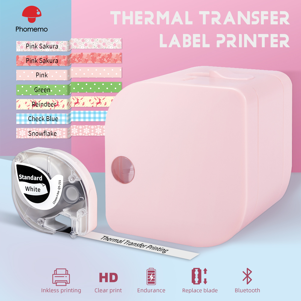 Phomemo Printer Transfer Thermal Printing With 4 Rolls White Label Tapes Mini Impresora Label Maker Using Organization: 1 Pink Printer