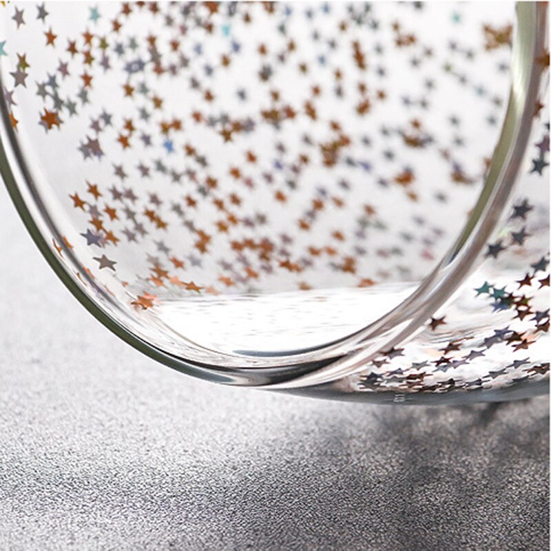 Taza de café de vidrio transparente, vaso de cristal resistente al calor de doble fondo, creativa estrella del cielo, Taza de leche de lentejuelas para whisky y cerveza, 2 uds.