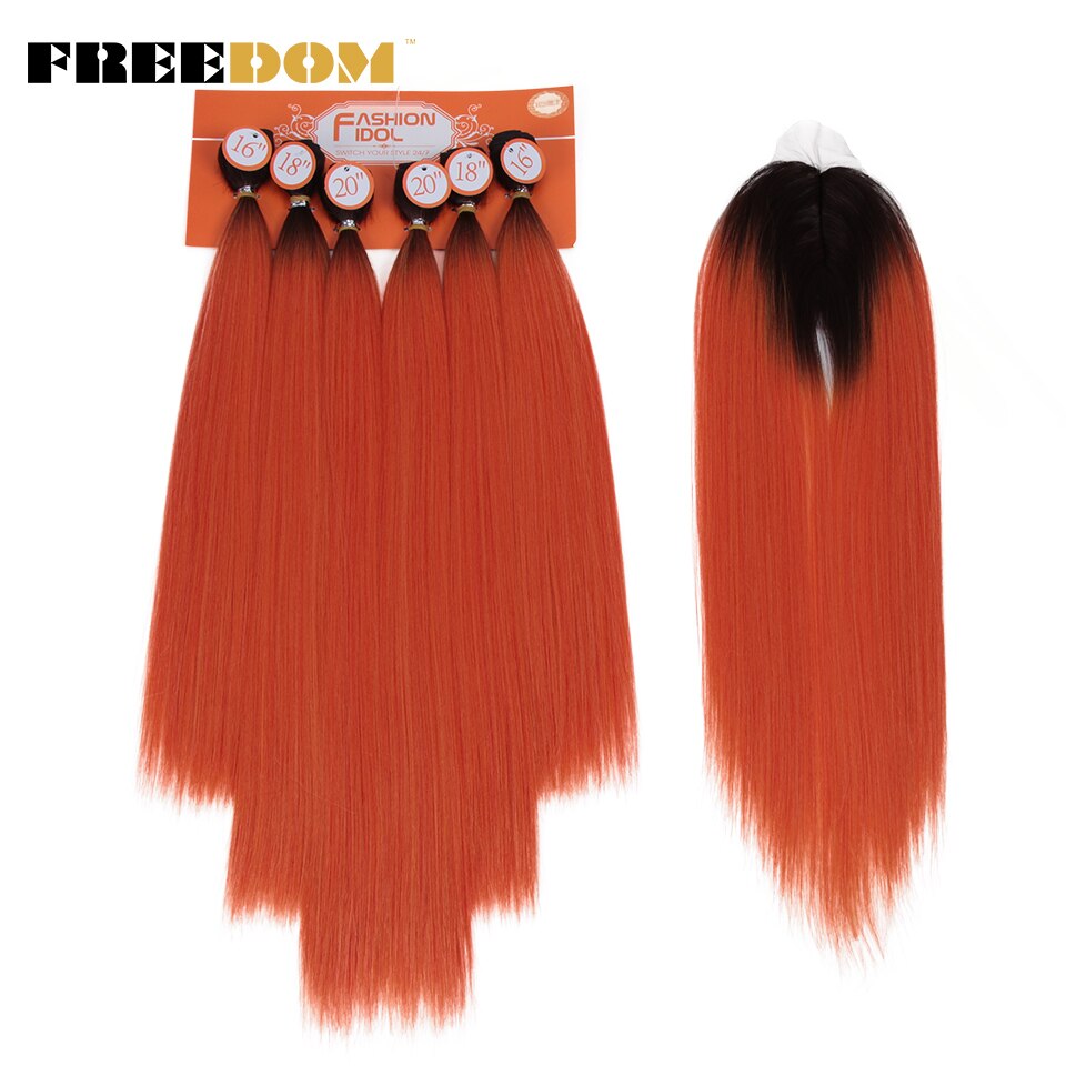 FREEDOM mèches Yaki synthétiques lisses ombrées de 16 à 20 pouces avec Closure, extensions de cheveux, lot de 7 pièces: TT4-CORANGE3