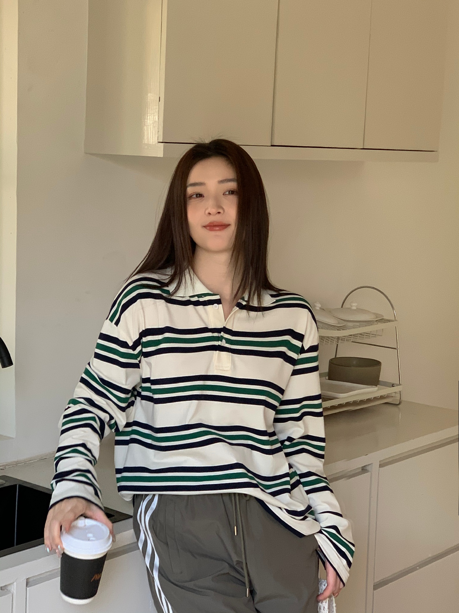 Sommer poloshirts dame langærmet crop top farveblok grøn stribet print poloshirts dame afslappede toppe stribet brun efterår: M / Beige