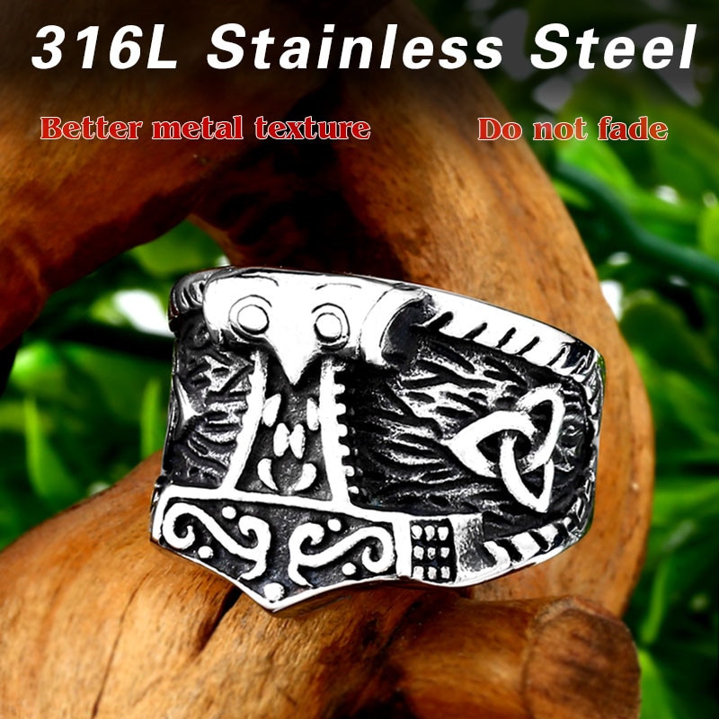 Beier 316L Stainless Steel Nordic Pagan Triskele Helm of Awe Aegishjalmur Futhark Viking Magic Stave Runic Amulet Ring LR563