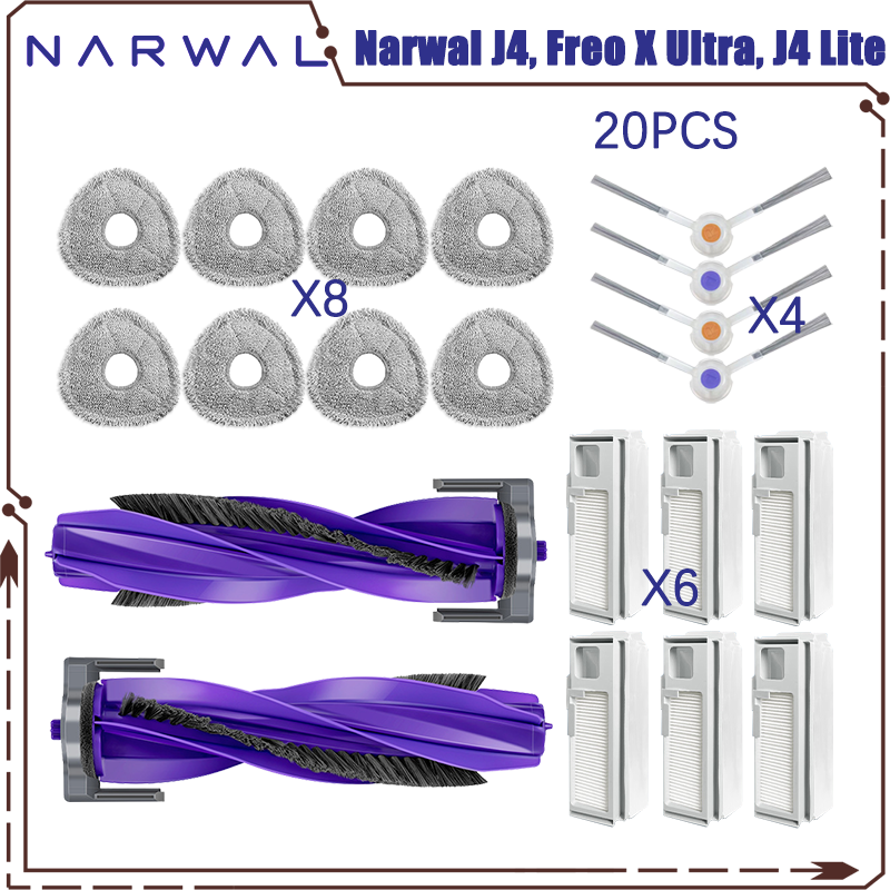 Kompatybilny z 나르월 Narwal J4, Freo X Ultra, J4 Lite Szczotka boczna Filtr HEPA Nakładka na mopa Części zamienne Akcesoria: Brązowy