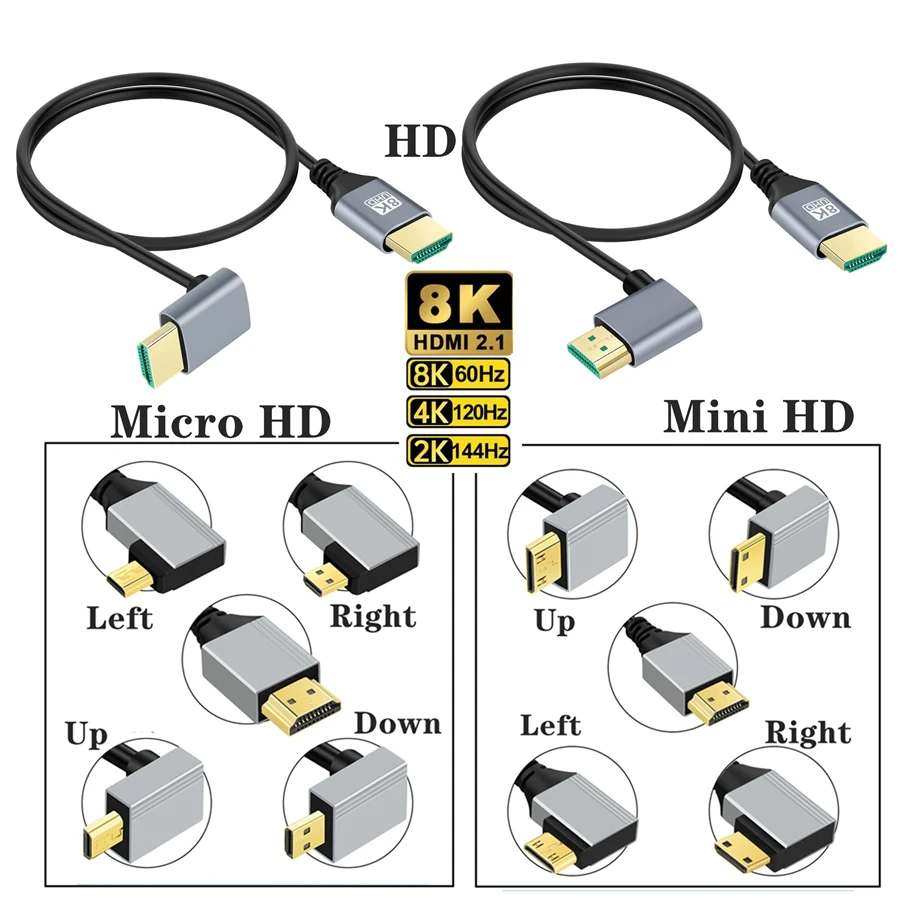 Cable Micro Mini HDMI a HDMI, compatible con ángulo de 90 grados, 8K, 5K, 2,1 V, para TV, PC, cámara Digital, tableta, Mini Cable Hdmi a Hdmi