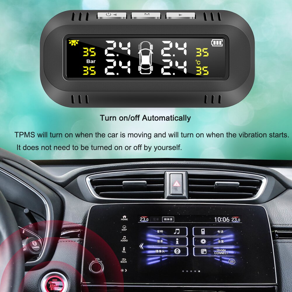 Car Tire Pressure Monitoring System 4 Internal Sensors Tyre Temperature Warning Alarm Kit Digital Display Solar TPMS