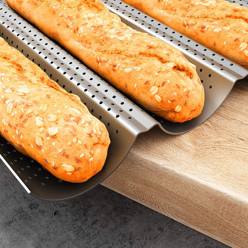 Bakplåt i franskt bröd, non-stick-beläggning, kolstål, perforerad baguetteplåt, 3/4 -vågsbröd, bakform, bakplåt, bakverktyg