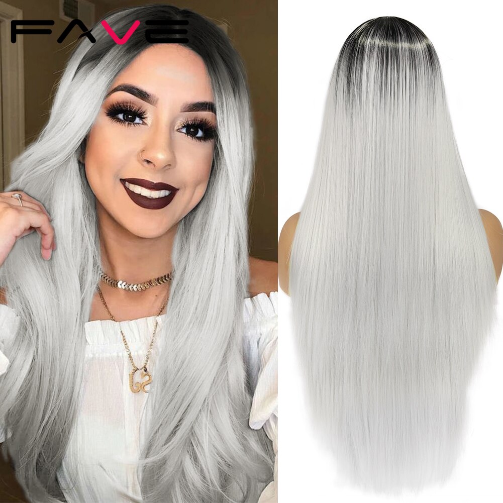 FAVE Long Straight Pure Light Brown Blonde Long Synthetic Wigs for White /Black Women 22 Inch Middle Part Can be Cosplay Wigs: black gray