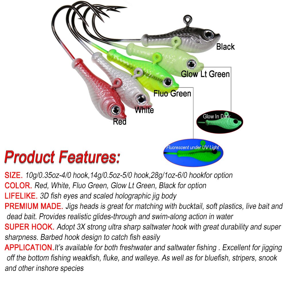 ICERIO 3 stücke 10g 14g 28g glühen Angeln Locken Metall Swimbait Jig Köpfe Haken Bucktail Jig Köpfe salzwasser Wackeln Köder Halfter Haken
