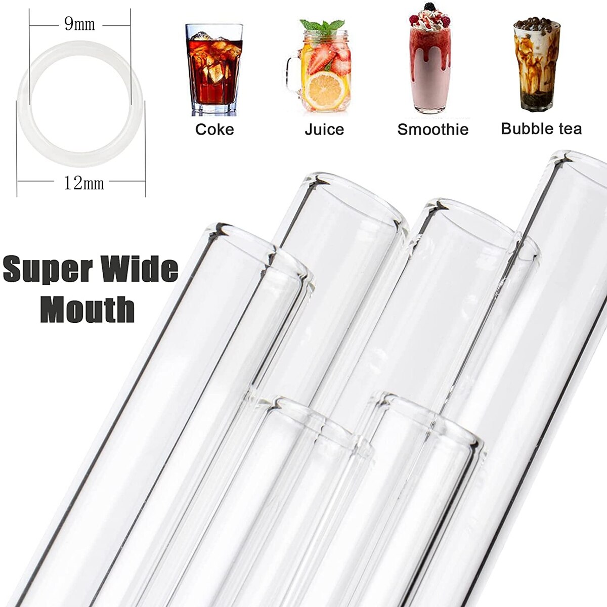 1Pc Reusable Glass Boba Bubble Tea Straws Glass Drinking Straws Colorful 12mm Wide Smoothie Milkshake Straw with Cleaning Brush