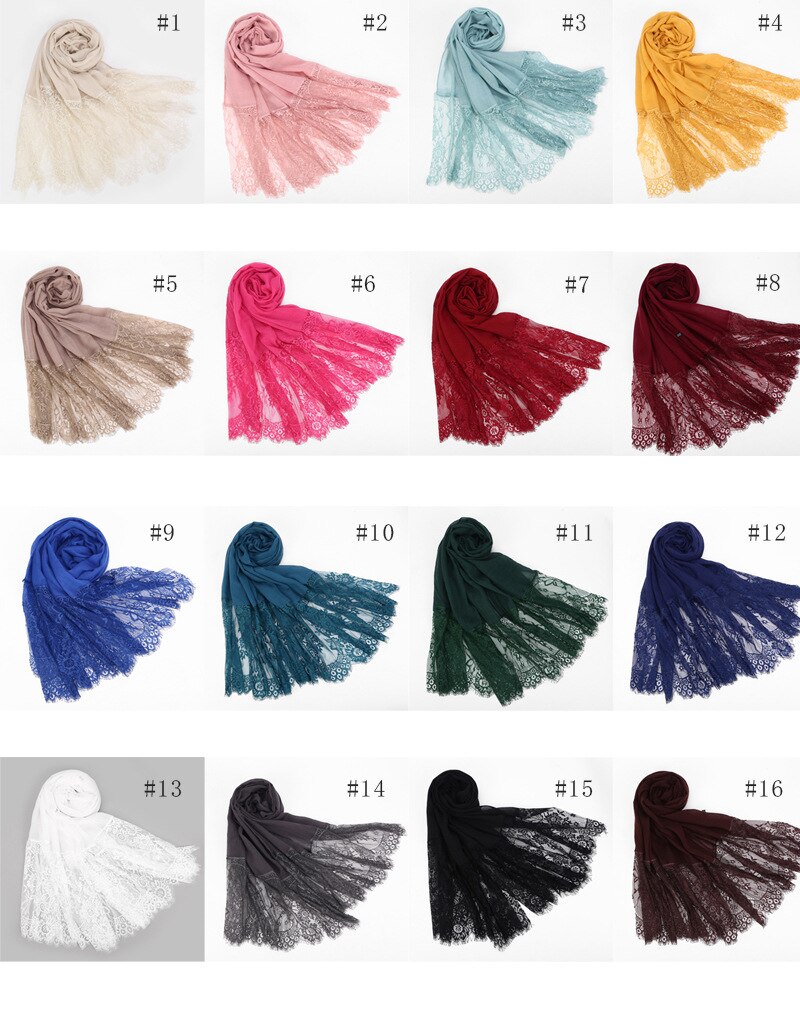 Two Sides Floral Lace Hijabs Viscose Head Scarves Muslim Womens Plain Maxi Muffler Cotton Arab Shawl Tudung Turban 1PC