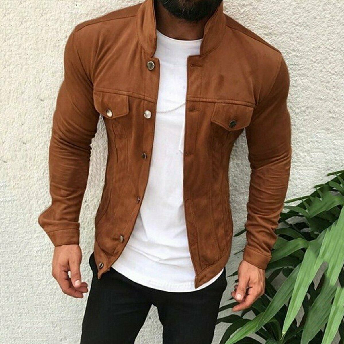 Heren imitatie suède slim-fit enkelrijs cargojack herfst winter casual effen kleur herenjas met zakken grijs groen koffie: Koffie / Xxxl