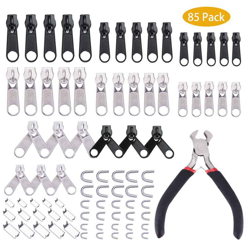Pince d'installation de glissière métallique | Kit de réparation de fermeture éclair, pince de fermeture éclair, tirette de rechange, accessoires de tête veste de vêtement de couture 85 pièces/10 pièces: 85pcs Zipper Kit
