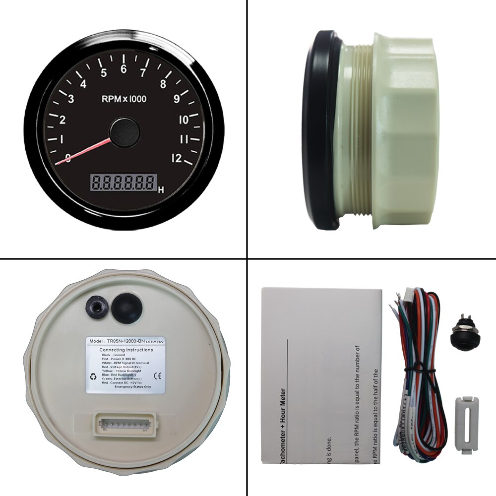 85mm Auto Marine Tachometer 3000/4000/8000/12000RPM Gauge with LED Hour Meter Adjustable 12V/24V with Red or Yellow Backlight