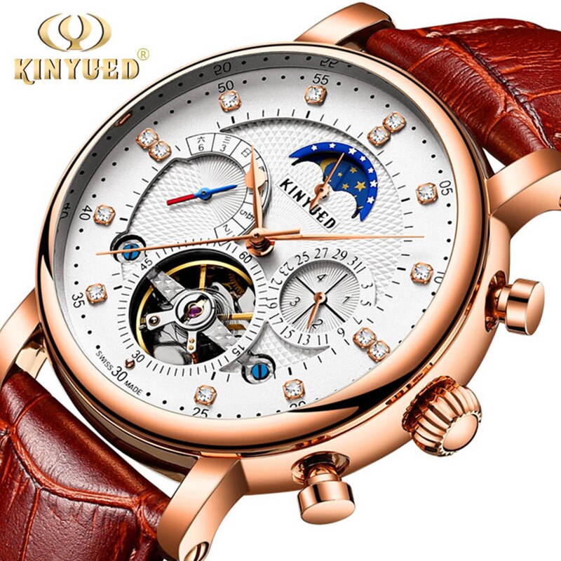 KINYUED-reloj mecánico totalmente automático para hombre, de , informal, totalmente funcional, Tourbillon, de negocios, luminoso, resistente al agua, J025