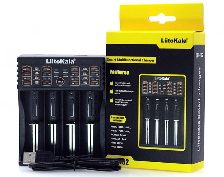 LiitoKala Lii-500S Lii-402 Battery Charger - LCD Display, USB Output, Quick Charge for 18650 3.7V NiMH Lithium Batteries: Lii-402 charger / US plug
