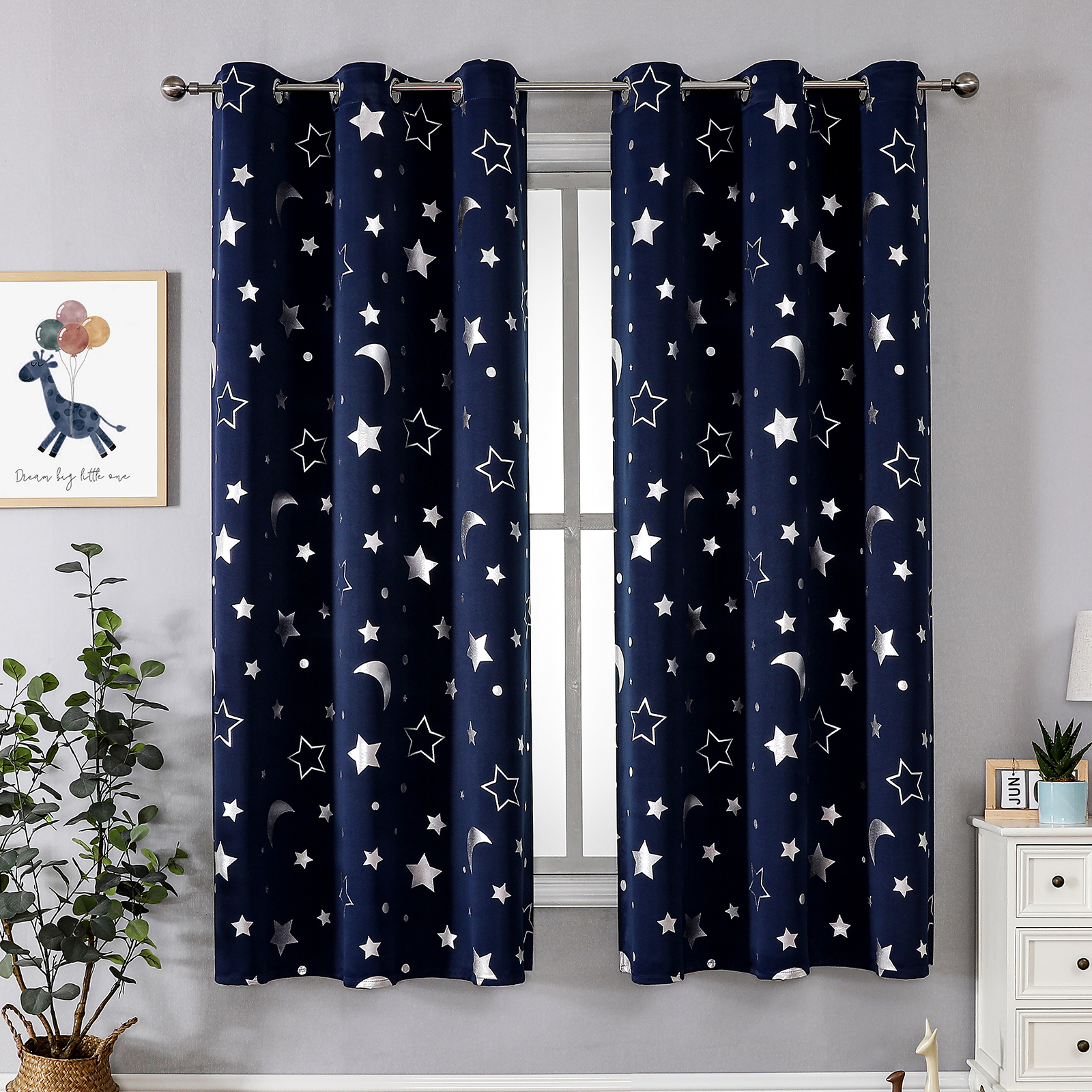Cortinas oscurecedoras para habitación con estrella plateada y Luna para niños, dormitorio de guardería, cortina opaca para niños, cortinas aislantes térmicas con ojales