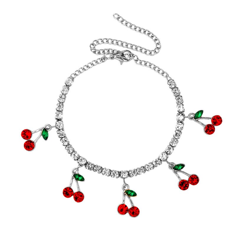 Flatfoosie Korean Cute Red Cherry Crystal Anklet for Women Shiny Tennis Chain Anklet Summer Beach Foot Bracelets Female Jewelry: 001802SL