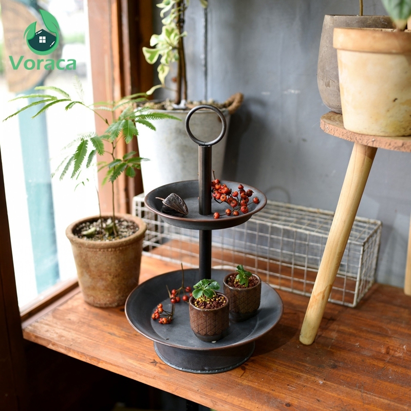 Retro Double Tier Wrought Iron Snack Trays Cake Stands Church Wedding Decoration Cafe Shop Food Display Plates Home Storage Tray