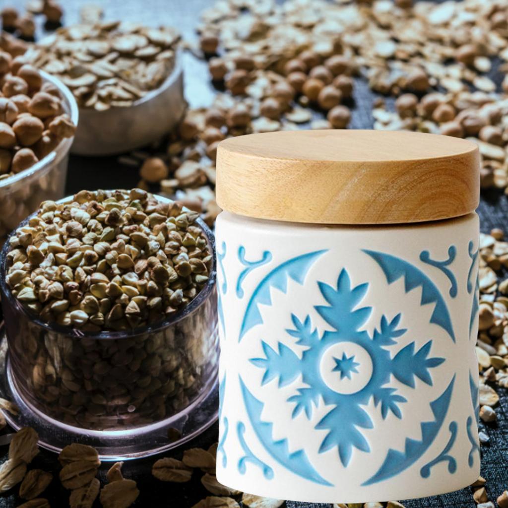 Boho Style Ceramic Canister with Wooden Lid Stackable Food Storage Container for Farmhouse Kitchen Home Pantry Organization: Blue L