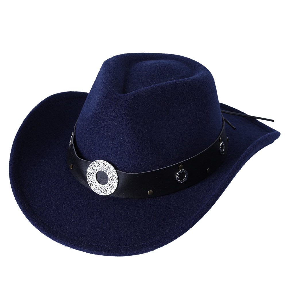 Sombrero de ala ancha con cinturón para hombre y mujer, gorro cálido de Jazz, Color sólido, para invierno y otoño: Navy