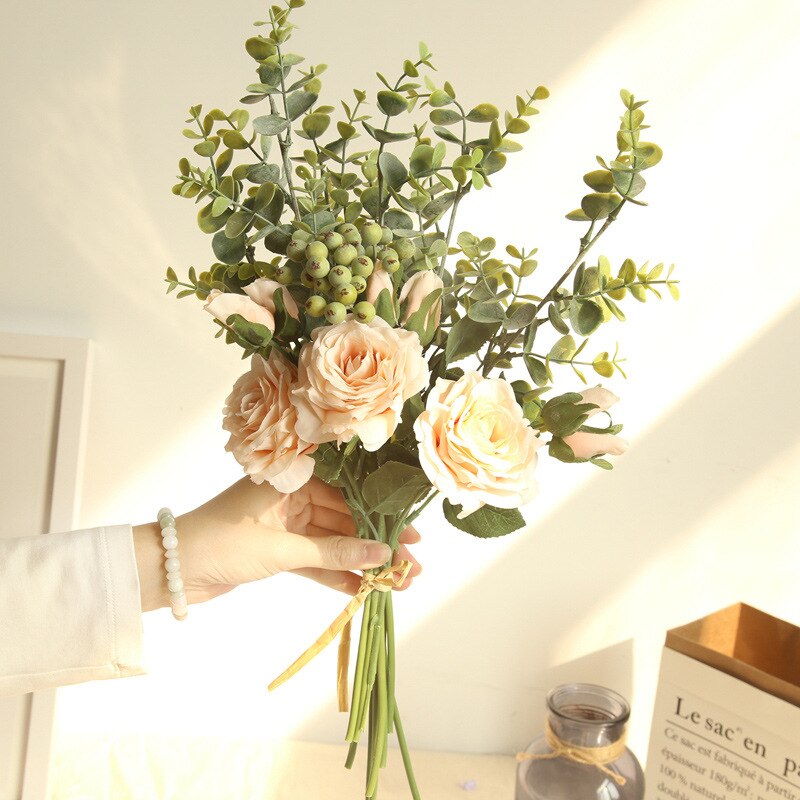 Brudebuket brudepige kunstig silke blomst ægteskab bord tilbehør bryllup blomster rose eukalyptus blade buketter