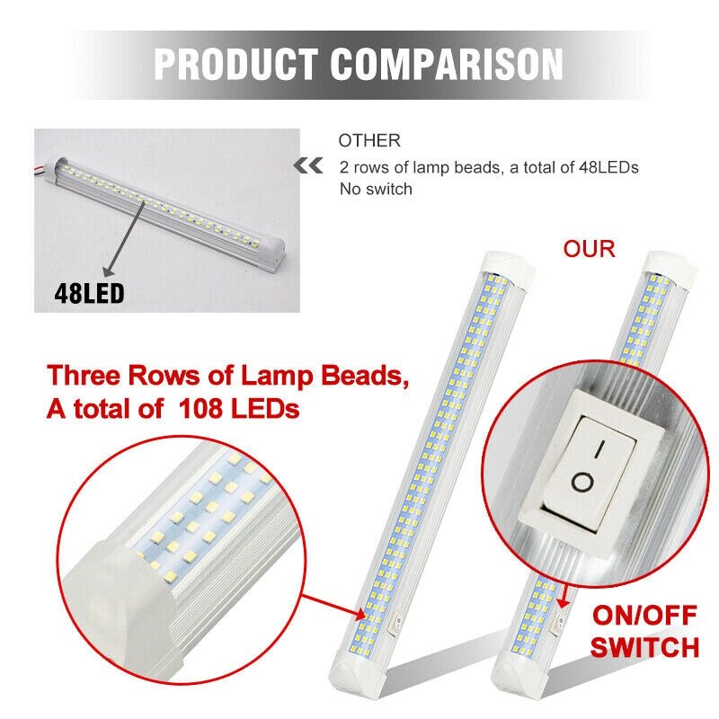 2X 108 LED Interior Light Bar ON/OFF Switch 12V Strip Light Van Bus Caravan