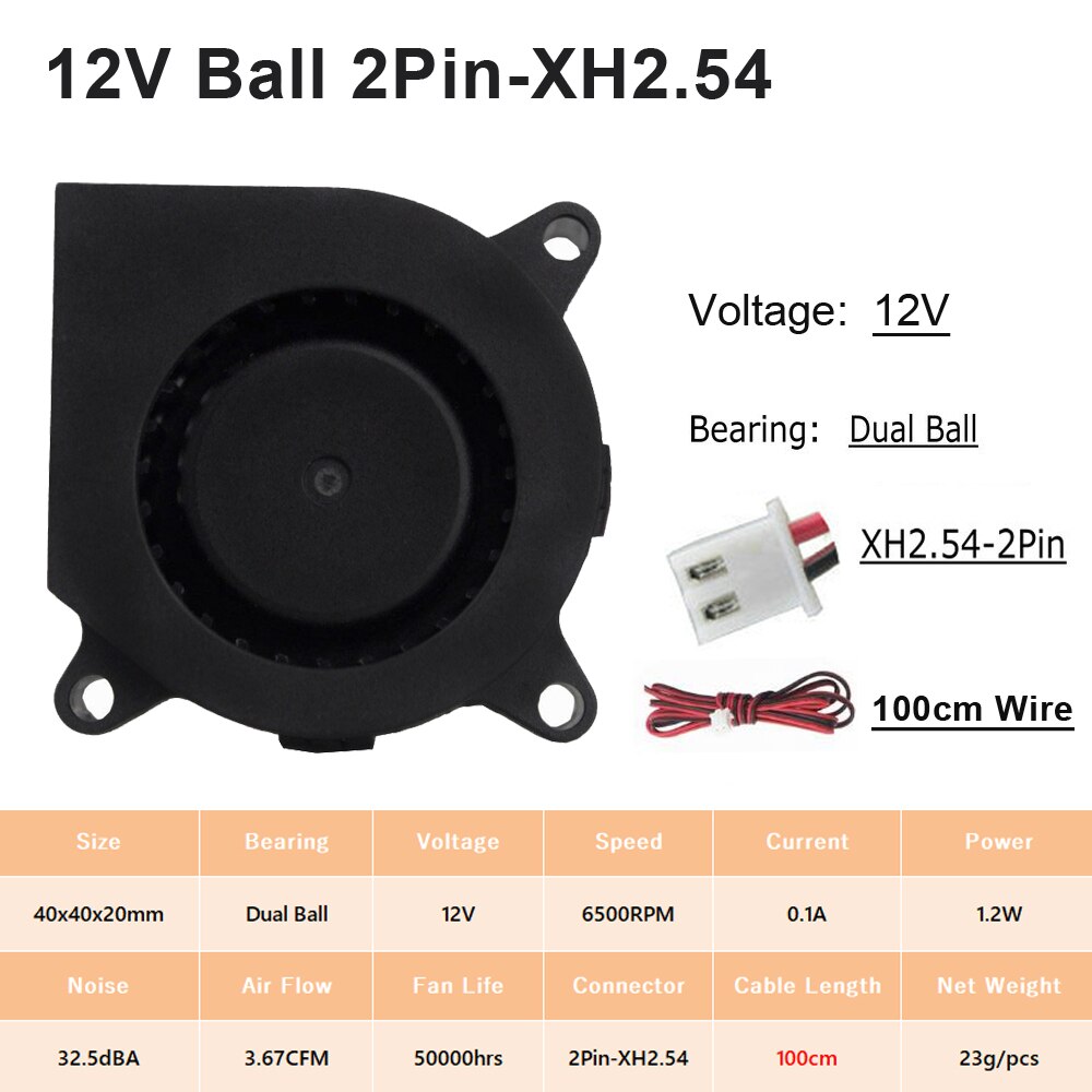 2PCS Gdstime 40mm 4020 3D Printer Cooling Blower Fan 5V 12V 24V 40x40x20mm 40*20MM 4cm Ball Bearing DC Turbo Blower Radial Fans: 12V Ball 2Pin 100cm